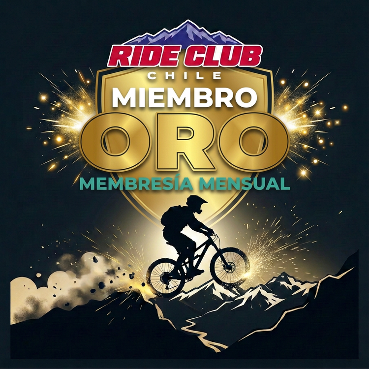 Miembro Oro de Ride Club Chile: logo del club, MIEMBRO ORO y membresía mensual con ciclista sobre la cordillera