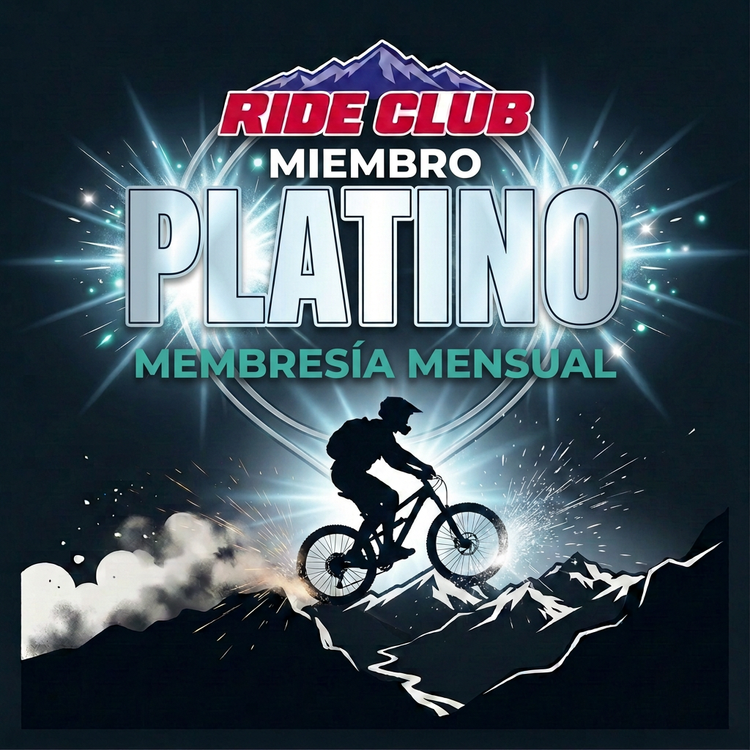 Miembro Platino de Ride Club Chile: logo del club, MIEMBRO PLATINO y membresía mensual con ciclista sobre la cordillera
