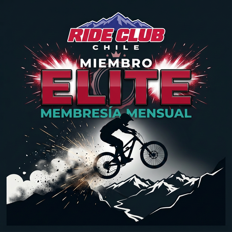 Miembro Elite de Ride Club Chile: logo del club, MIEMBRO ELITE y membresía mensual con ciclista saltando sobre la cordillera